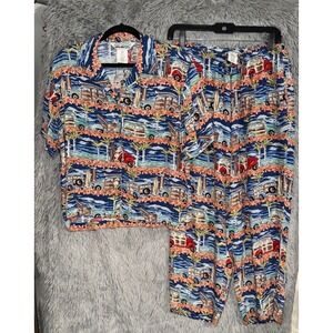 Weekend‎ Traffic Hawaiian Surf Van Palm Tree Rayon Top & Pants M